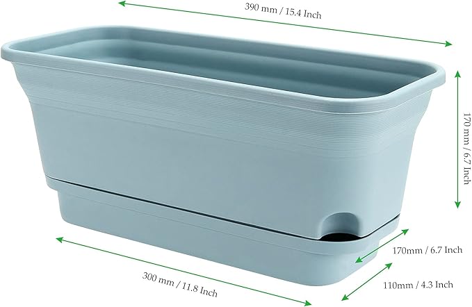 Set of 4 Flower Window Box Plastic Vegetable Planters with Trays, 15" Rectangle Self Watering Flowerpot, Garden Plant Decorative Pots for Windowsill, Indoor Outdoor, Succulents, Blue