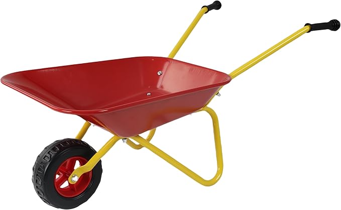 Red Metal Wheelbarrow, Easy Loading and Dumping Garden Cart with Steel Tray, Durable Heavy Duty Utility Trolley for Transporting Leaves, Soil, Sand, and More (1 Wheel)