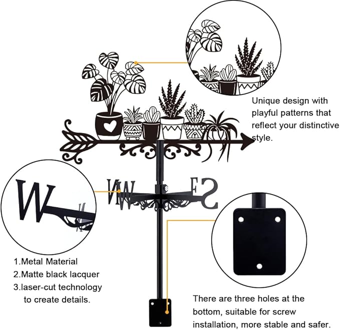 SUPERDANT Potted Plant Weather Vane Plants Wind Vanes for Yard Metal Weathervane Roof Mount for Gardens Outside Black Weathervanes Farmhouse Farm Barn Sheds Patio Decorations