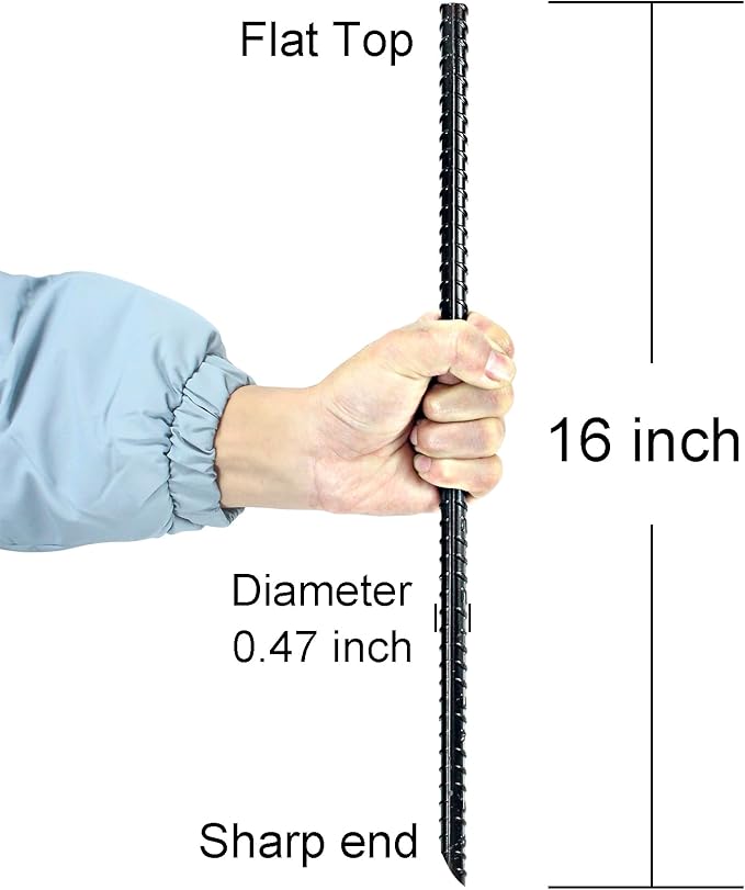 16 Inch Ground Rebar Stakes Heavy Duty Steel Ground Anchors for Outdoor, Straight Metal Stakes with Chisel Point end, Black Powder Coated (16)