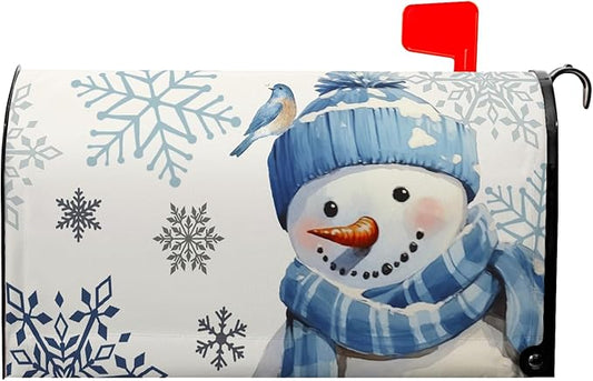Winter Snowman Mailbox Cover Blue Bird Mailbox Covers Magnetic Snowflake Post Letter Box Cover Standard Size 21x18 inch for Garden Outdoor Yard Decor White