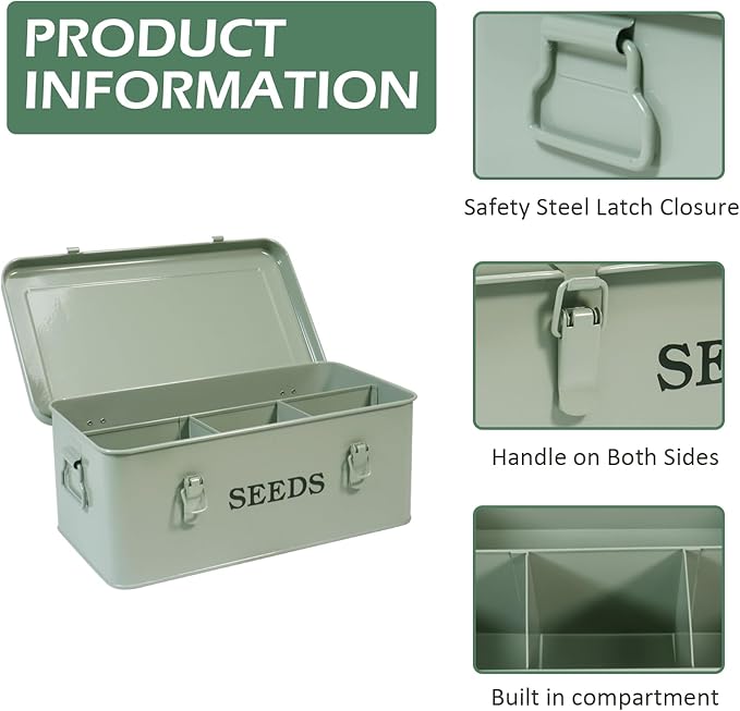 Garden Seed Box, Green Metal Seed Storage Box, Seed Storage Organizer Case with 4 Dividers, Seeds Packet Container for Gardening, Seed Envelope Storage Box with Portable Handle & Safety Lock