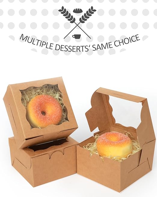qiqee Brown Bakery Box with Window 4x4x2.5 inch 30Packs Macaron Boxes Small Donut Pastry Boxes for Party Mini Cookie Boxes
