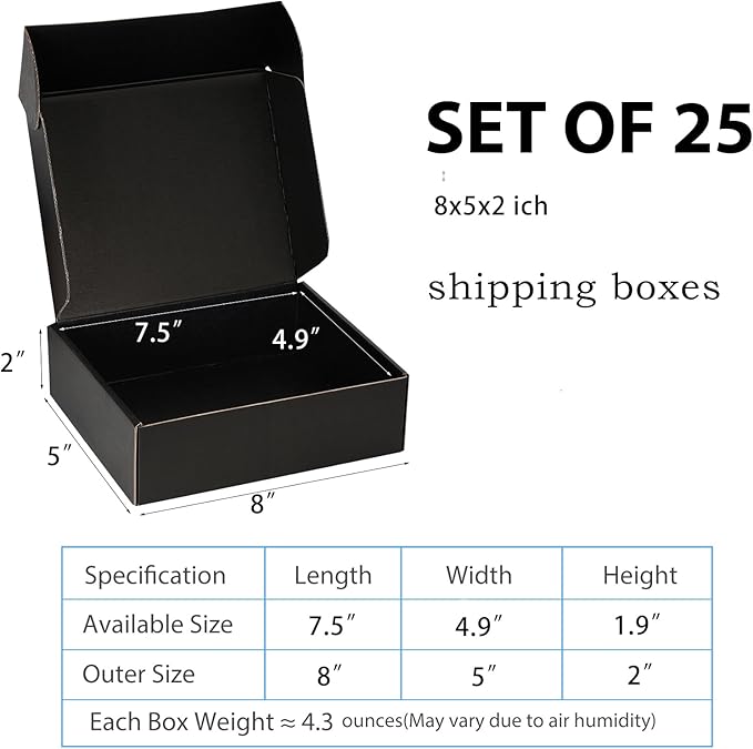 Small Shipping Boxes 8x5x2 Inch (25 Pack) - Sturdy Black Corrugated Cardboard Boxes for Small Business, Ecommerce, Mailing & Packaging | Recyclable Gift & Storage Boxes