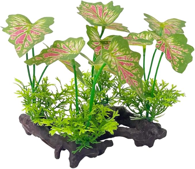 Smoothedo-Pets Aquarium Plant Fish Tank Decoration Small Plastic Artificial Plant Goldfish Fish Hide (Rainforest Leafs-Pink-Small-Set)