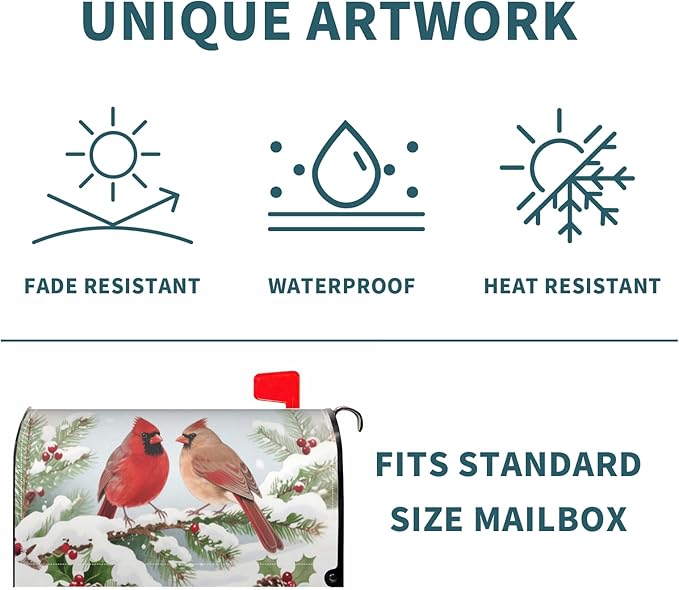 Winter Cardinal Bird Mailbox Covers Magnetic Standard Size Snow Scene Christmas Holiday Mailbox Wraps Seasonal Outdoor Decorative Letter Box Cases for Home Garden Outside Decor, 21x18 Inch