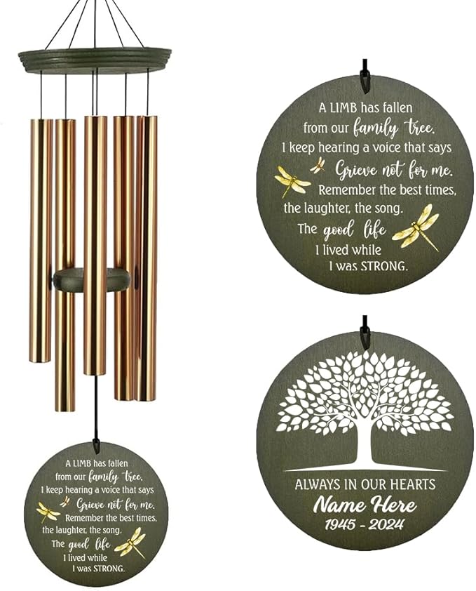 Personalized Wind Chimes, Dragonfly Life Tree Sympathy Wind Chimes, Memorial Gifts for Loss of Loved Ones, in Loving Memory of Dad/Mom, 36inch Wind Chime Outside (Produced in USA)
