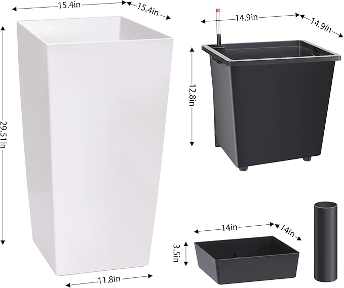 30" Tall Planters for Outdoor Plants, Large Planters Set of 2, Indoor Plant Pots, Boxes, Flower Pots, Modern Design, Built-in Drainage, Front Porch Decor White