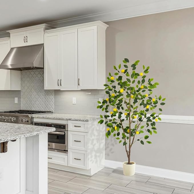 Artificial Lemon Tree, 6ft Tall Floor Faux Lemon Plastic Plant with White Planter, Fake Lemon Fruit Silk Tree for Indoor Home Decor Office Living Room