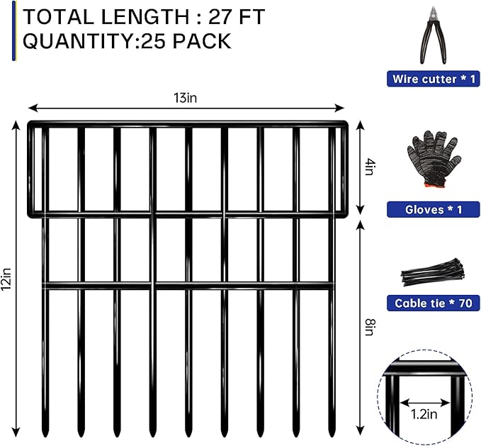 25 Panels Animal Barrier Fence, 27 Ft(L) X 13 in(H) No Dig Garden Edging Border for Yard, Anti Digging Defense Barrier, Rustproof Metal Outdoor Decorative Garden Fences for Dogs, Rabbits