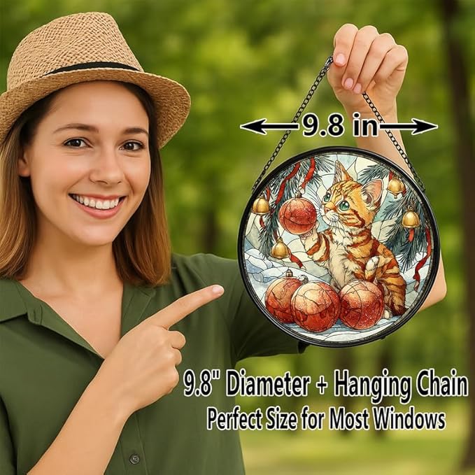 Stained Glass Window Hanging – 9.8 in Kitten with Christmas Ornaments Panel with Chain， Bathroom Front Door Living Room Garden Decor， Gift for Mom Wife Lovers