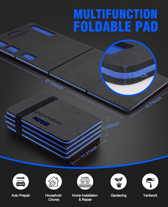 1.1" Extra Thick Foldable Kneeling Pad Mechanic Mat with Handle & Belt & Tool Compartments, Soft Foam Knee Cushion for Gardening, Garage Work, Workshop Repairing, Yardwork (47.2" x 15.7")