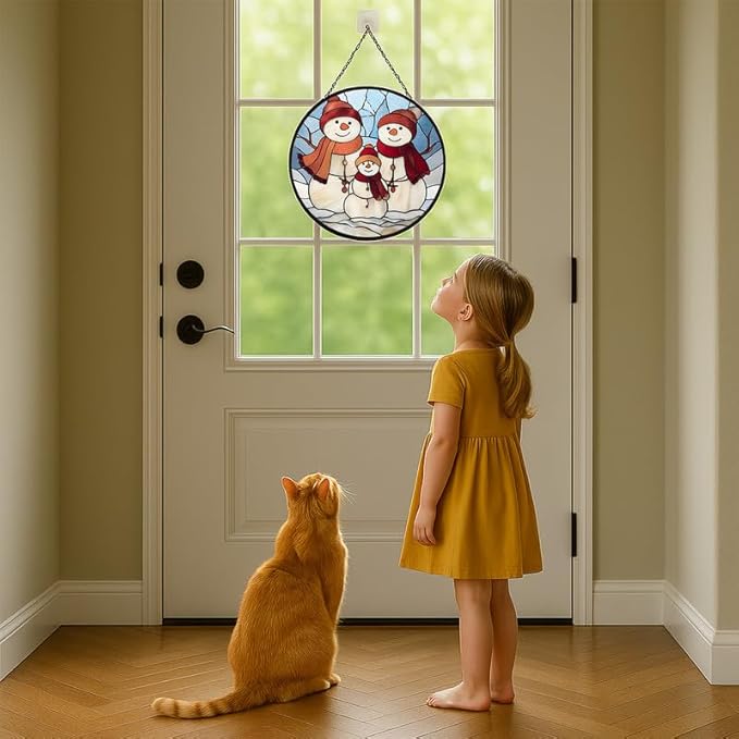 Stained Glass Window Hanging – 11.8 in Snowman Family Panel with Chain， Bathroom Front Door Living Room Garden Winter Holiday Decor， Gift for Mom Wife Lovers