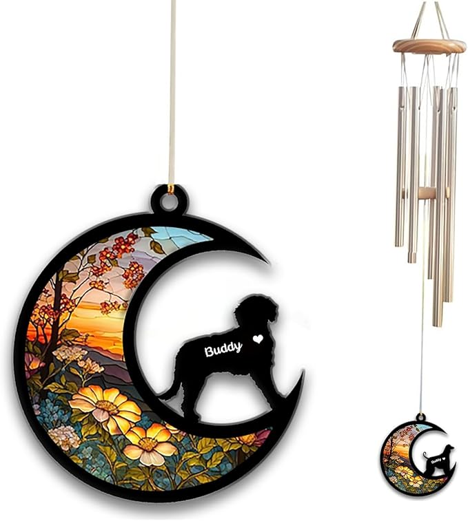 Spanish Water Dog Sun Catcher Wind Chime, Custom Sunflower Suncatcher Dog Memorial Wind Chime, Dog Loss Gift, Dog Sympathy Gift, Pet Loss Suncatcher, Outdoor Garden Decor