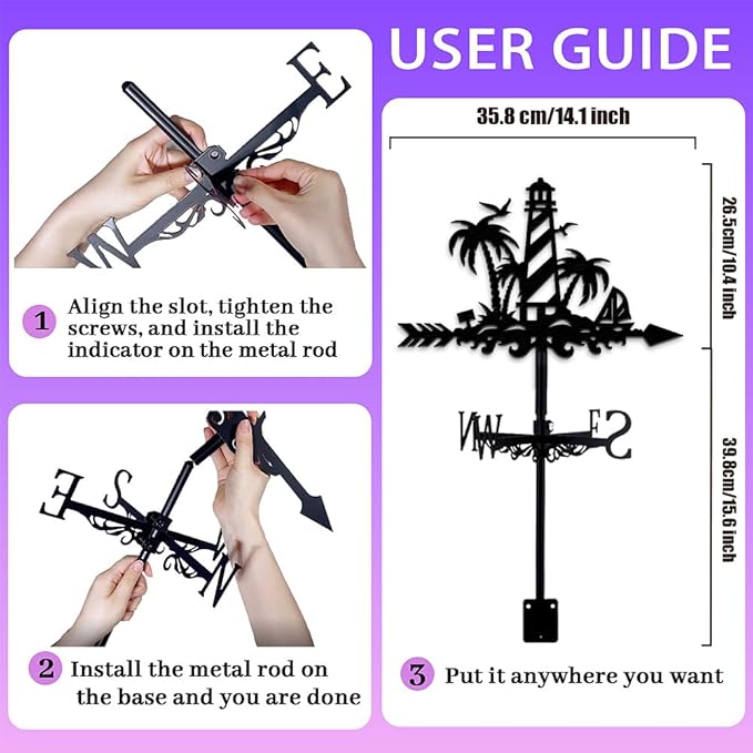 Lighthouse Weathervane Metal Wind Vane Shorelines Palm Tree Garden Decoration Direction Indicator Stake Mount Ornament for Farmhouse Yard Roof Outdoor