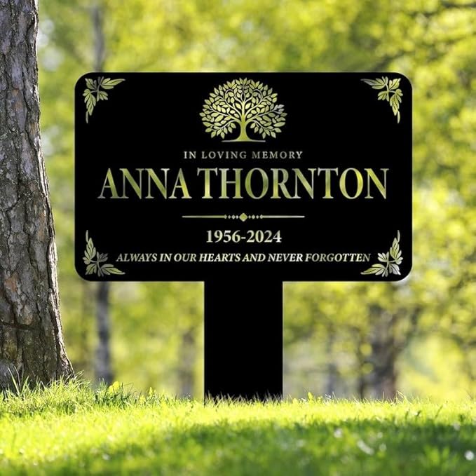 Personalized Memorial Tree Sign with Stake – Custom Memorial Plaque, Metal Grave Marker, Grave Marker Remembrance Plaque (Memorial Tree)
