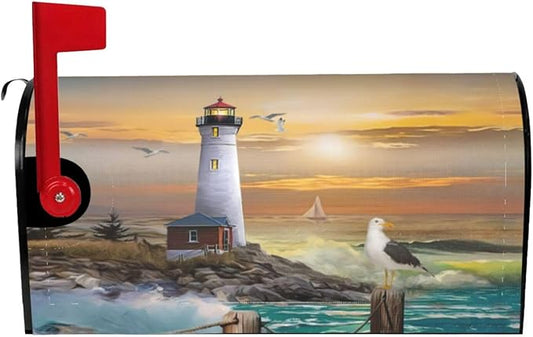 Lighthouse Mailbox Cover, Outdoor Magnetic Mail Cover Letter Post Box, 25.5x21 in Sea Wave White Cloud Nautical Mailwrap for Yard Garden Outside Decor