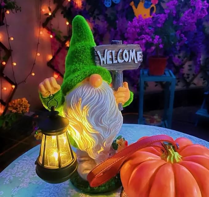 Halloween Fall Welcome Gnomes Statue Gift for Front Door Welcome Figures Solar Decor- Fall Gnomes Statue with Light Lanterna for Outdoor Yard
