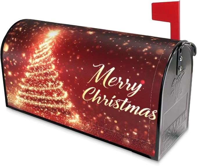 Festive Magnetic Mailbox Cover Red Pine Tree Christmas Pattern Outdoor Mailbox Protector Holiday Seasonal Decorative Garden Yard Home Large Size 25.5 x 21 Inch