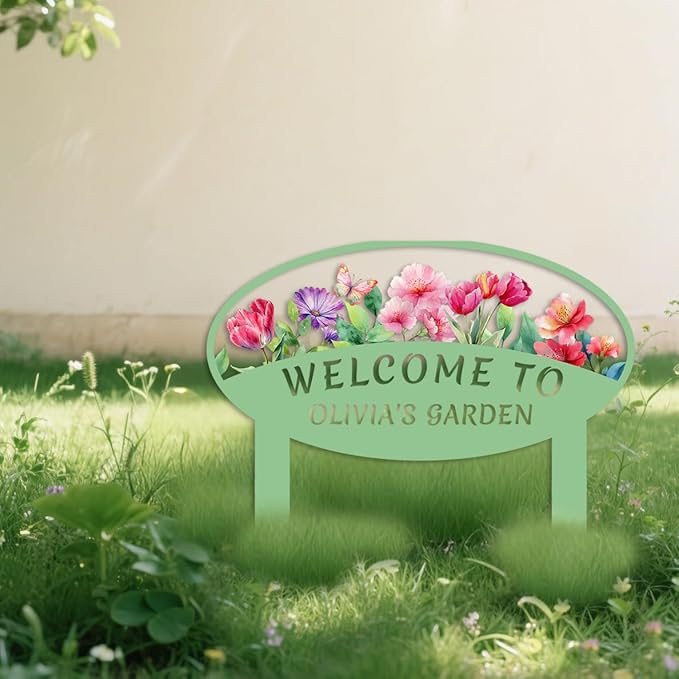 Personalized Butterfly and Flowers Garden Stake,Custom Colorful Flowers Metal Garden Sign,Outdoor Lawn Yard Patio Metal Plaque,Customized Butterfly Gardening Gift style 1