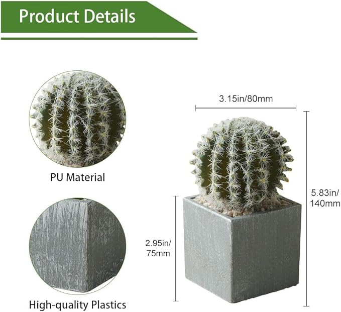 Cactus Artificial Plants in Gray Pots, Realistic Faux Cactus Potted Décor for Home, Office, Kitchen, Living Room, Desk, Shelf, and Indoor Decoration (Spherical)