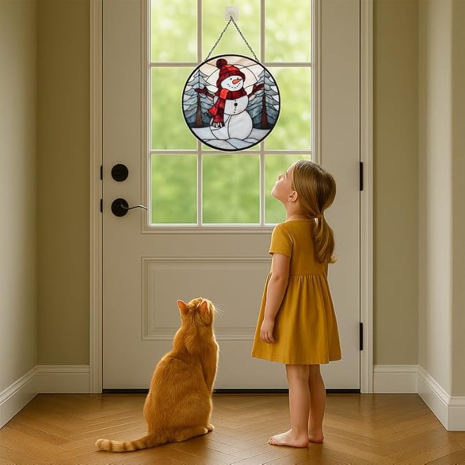Stained Glass Window Hanging – 7.8 in Snowman Panel with Chain， Bathroom Front Door Living Room Garden Winter Christmas Decor， Gift for Mom Wife Lovers