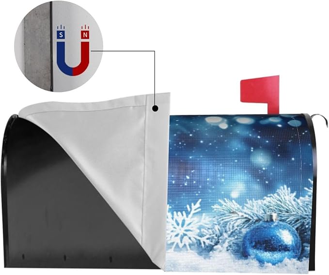 Festive Magnetic Mailbox Cover Blue Ball Snowflake Outdoor Mailbox Protector Holiday Seasonal Decorative Garden Yard Home Large Size 25.5 x 21 Inch
