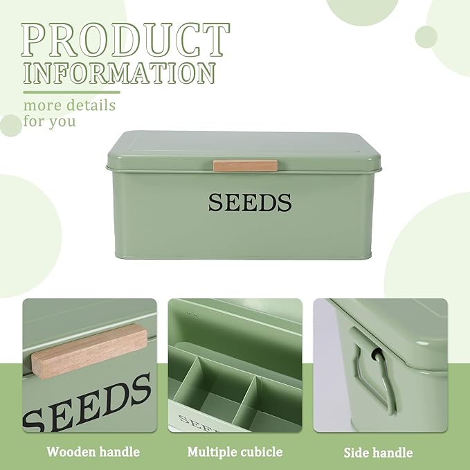 Seed Storage Organizer,Metal Seed Saving Box with Lid,4 Compartments Box with Safety Locks,Garden Supplies Container with 20 Plant Labels 50 Saving Envelopes 2 Marker Pens,Green