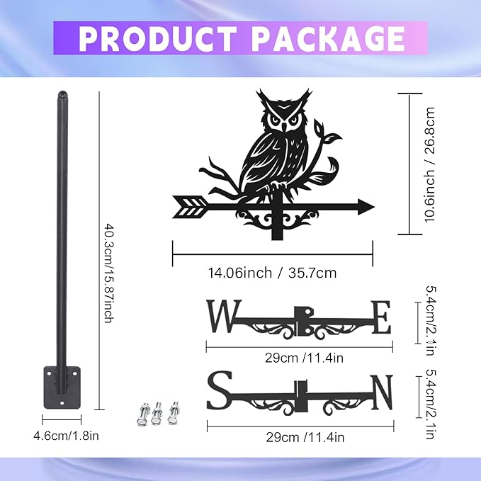 Owl Weathervane Metal Wind Vane Weathercock Garden Decoration Wind Direction Indicator Stake Roof Mount Ornament for Farmhouse Yard Outdoor