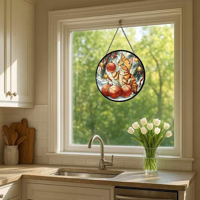 Stained Glass Window Hanging – 9.8 in Kitten with Christmas Ornaments Panel with Chain， Bathroom Front Door Living Room Garden Decor， Gift for Mom Wife Lovers
