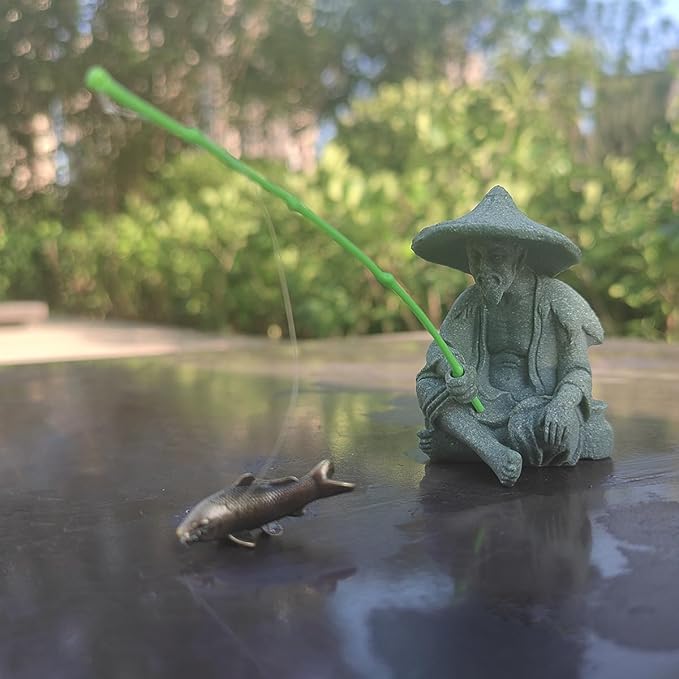 livelyfish Mini Fisherman Statue Asian Zen Decoration Sitting Fishing Figurines Sandstone Vintage Ornament for Aquarium Fish Tank Pot Garden Home Japanese Decor, C