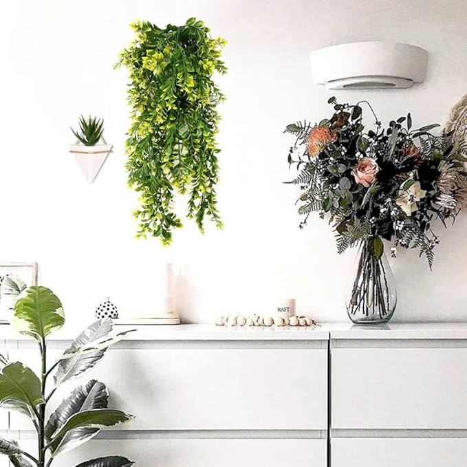 Artificial Hanging Plants, Fake Vines Decoration Plastic Leaves Faux Ivy Foliage Rattan Greeny Vine Plant for Wedding Indoor Outdoor Home Garden Bedroom Office Wedding Christmas Decor - Yellow 4 Pack