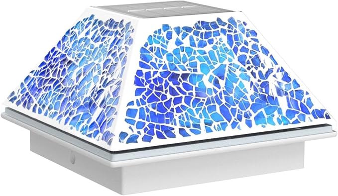 SUNNYPARK 2PK Mosaic Solar Post Cap Lights Outdoor for 4x4, 3.5x3.5 Post Crackled Glass Deck Fence Lamp Weatherproof LED Light Decor in Garden, Yard, Outdoor Table, Balcony, Landscape- Cyan Blue