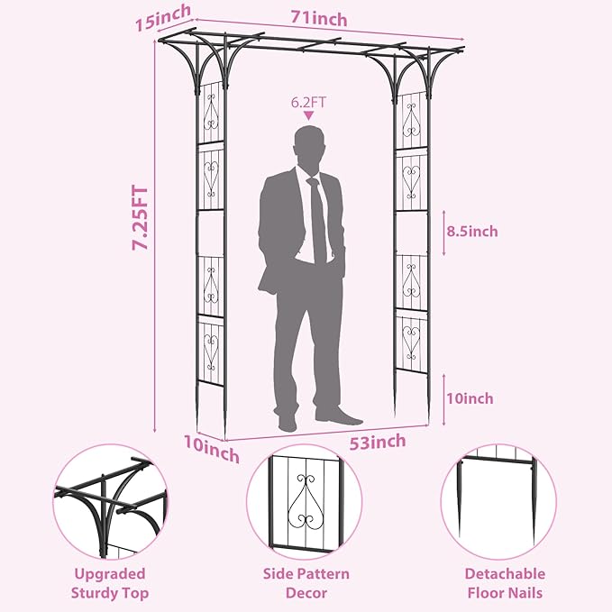 Garden Arch Trellis 7FT Wedding Arch Backdrop Stand,Metal Garden Arbor Trellis for Plant Climbing Outdoor, Plant Arch with Anchored Pile, Flower Arch Stand Balloon Decor,Archway Pergola