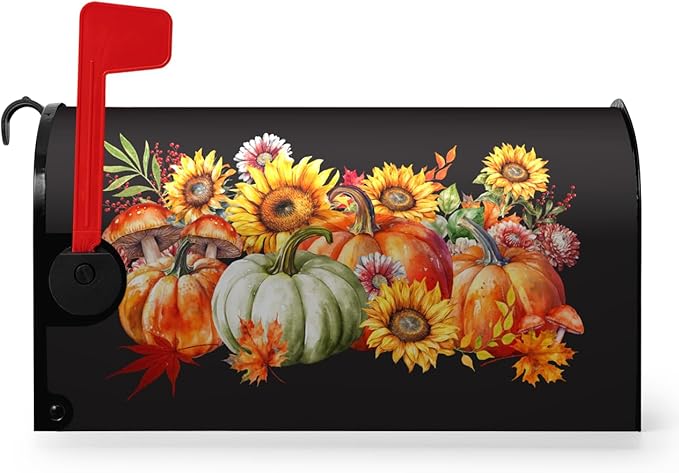 Fall Magnetic Large Size Thanksgiving Pumpkin Mailbox Cover With Maple Leaves - Waterproof Decor Flower Wraps for Garden Oversize 25.5 x 21 Inch
