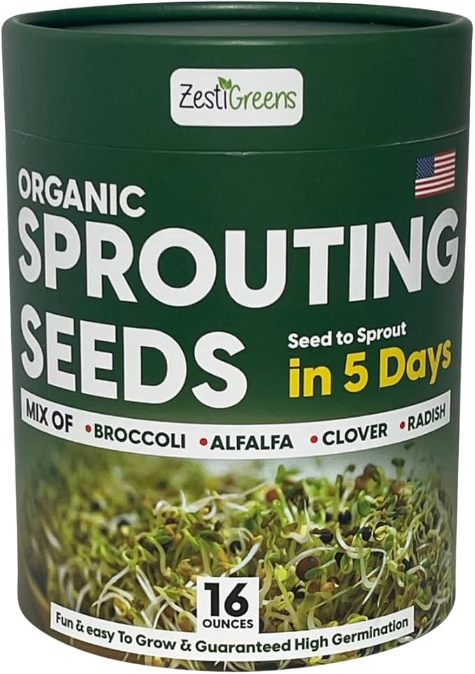 ZestiGreens Fresh Sprouting Seeds Mix (16oz) Broccoli, Alfalfa, Radish, Clover Seeds in Food Grade Colorful Container with Lid for Easier Scooping & Keeping Fresher