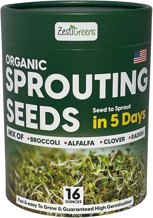 ZestiGreens Fresh Sprouting Seeds Mix (16oz) Broccoli, Alfalfa, Radish, Clover Seeds in Food Grade Colorful Container with Lid for Easier Scooping & Keeping Fresher