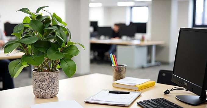 Indoor Faux Ficus Plant 13.5 inch Artificial Greenery in Rustic Cement Planter Realistic Dark Green Leaves with Textured Pot Maintenance-Free Small Fake Plant for Home Office Decor