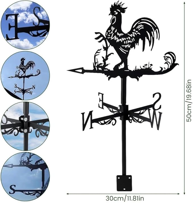 Rooster Weathervane Silhouette Art Black Metal Cock Wind Vanes Indicator Kit Outdoor Bracket for Garden Roof Yard Building (B)