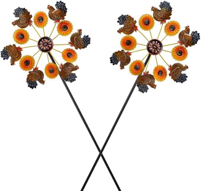 VEWOGARDEN 2PCS Wind Spinners Outdoor, Metal Wind Spinners with Sunflower and Hen Design for Yard Garden Lawn Thanksgiving Decorations