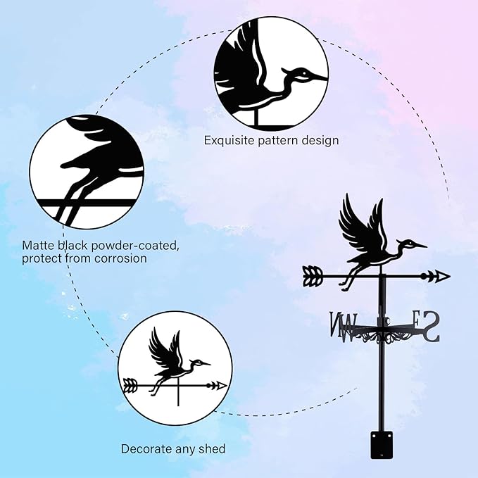 Blue Heron Weathervane Metal Wind Vane Arrow Weathercock Garden Decoration Wind Direction Indicator Stake Roof Mount Ornament for Farmhouse Yard Outdoor