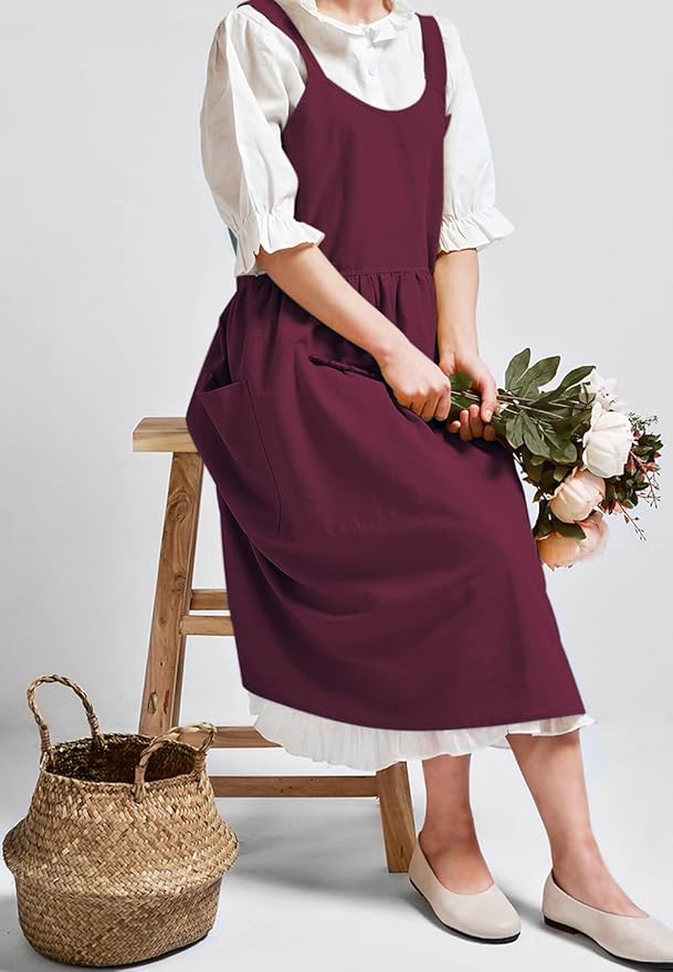 NEWGEM Cotton Linen Cross Back Apron for Women with Pockets Cute Japanese Korean Style Pinafore Dress Purplish Red