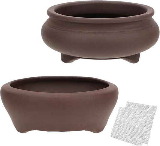 Bonsai Planter 2 pc 3.7" + 3.9" Unglazed Round Ceramic Succulent Pots Set