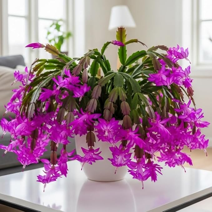 1 Thanksgiving Christmas Cactus Plants Live in 4" Pot, Houseplant Holiday Cactus, Vibrant Single Color Blooms Indoor Outdoor, Zygocactus Like, Winter Hardy (Purple)