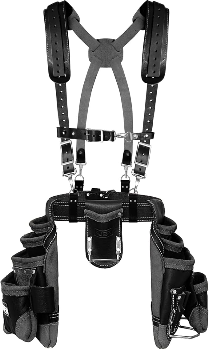 FUERI 16 Pocket Leather Tool Belt with Padded Suspender for Carpenters, Construction, Electricians, Framers Rig Pouches Holder Organizer Set