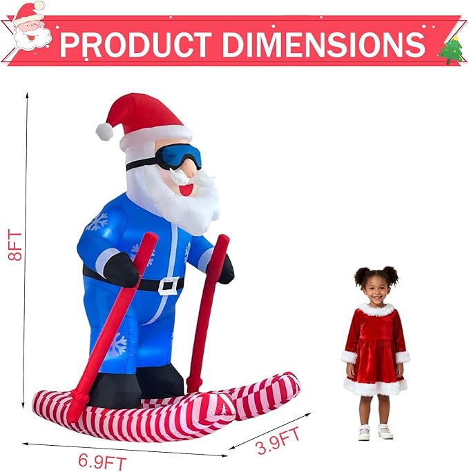 LANGXUN 8ft Skiing Santa Inflatable Outdoor Indoor Decor, Giant Blow Up IP44 Weatherproof Xmas Decorations for Yard, Built-in 7-Color LED Rotating Light for Gardern Lawn Winter Holiday