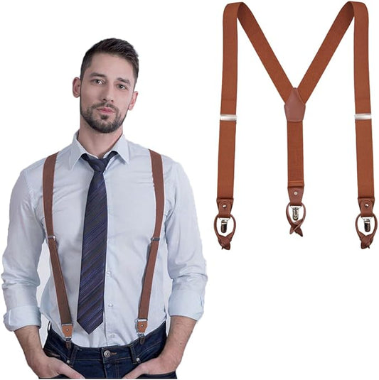 UPSONG Mens Suspenders，Brown Leather Button Tab and Clip Braces Heavy Duty Suspender Wedding Suspenders for Groom Groomsmen
