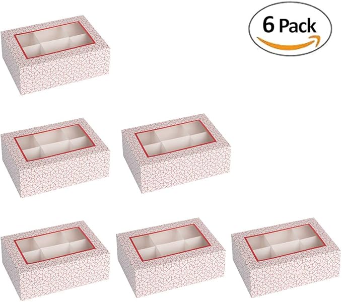 Hammont Window Box with Six Sections - 6 Pack - 7”x5”x2.5” - Red Colored Versatile Bakery Boxes Perfect for Sharing Snacks and Cookies | 6 Insert Sections Gift Boxes