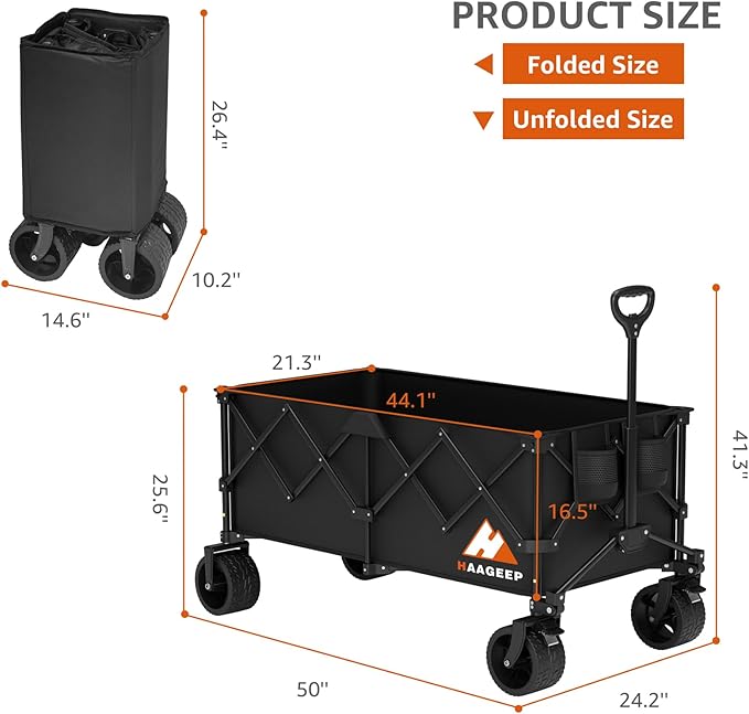 Collapsible Wagon Cart with Wheels Foldable - Folding Utility Heavy Duty Wagons Carts for Grocery Sports Garden Shopping Camping Wheelbarrows (Black,300L)