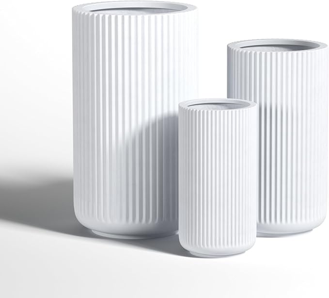 DTY Signature Mount Elbert 1-Piece Fluted Fiberstone Planter for Indoor/Outdoor, White, 16" H x 11.5" Dia (9.75" Opening) - Small